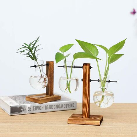 Terrarium pour plantes avec support en bois, potager aérien, vase en verre, station de propagation pour plantes hydroponiques, décoration pour la maison, le jardin ou le bureau (vase à 3 bulbes)