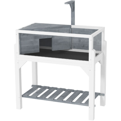 Terrarium pour tortue terrestre surélevé avec pieds, 2 zones, toit ouvrant, espace interactif, 84,5 x 47,5 x 90 cm, gris