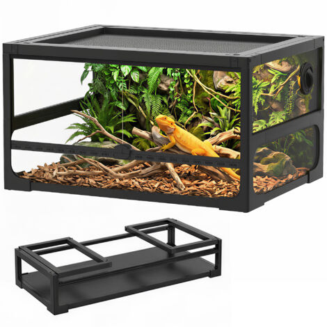 Terrarium surélevé pliable avec couvercle et parois en verre trempé et plastique, 60x45x32 cm, noir