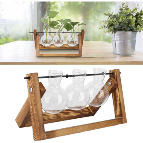 Terrarium Végétal avec Support Bois  Vase en Verre Borosilicate Haut  3 Bouteilles Bulbe  Décor Bureau & Maison Vintage