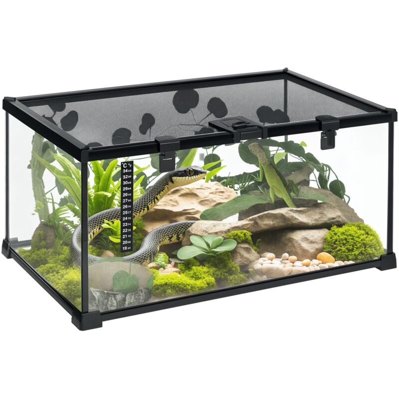 Pawhut - Terrarium verre transparent - couvercle treillis métallique coulissant verrouillable, trappe, distributeur eau, thermomètre - noir