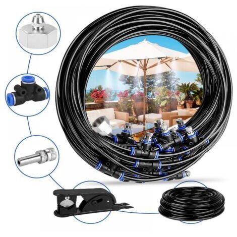 Terrassen-Nebelsystem, 20M 20 Düsen Sprühsystem Garten-Nebelsystem Kühlung mit strapazierfähigem Schlauch und abnehmbaren Düsen für Garten, Terrasse, Trampolin, Gewächshaus