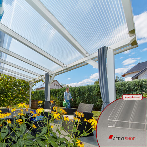 Terrassendach Terrassenüberdachung Carport Komplettset Acrylglas 16/32 Farblos Stegplatten