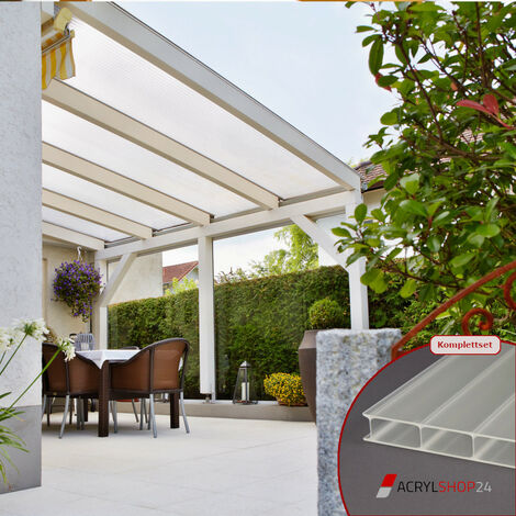 Terrassendach Terrassenüberdachung Carport Komplettset Acrylglas 16/32 Opal-Weiß Stegplatten