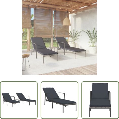 Terrassenliege -  Sonnenliegen 2 Stk. mit Tisch Poly Rattan Grau