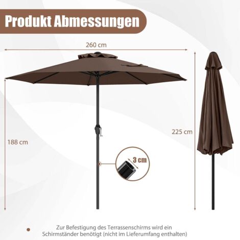 Terrassenschirm 250 cm mit kurbel 8 streben braun