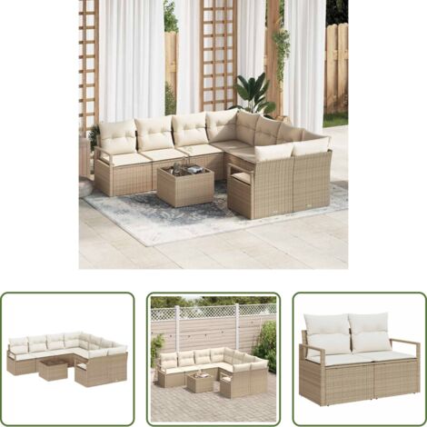 Terrassensofa - Sofa Set mit Kissen 9 pcs Beige und Creme Poly Rattan