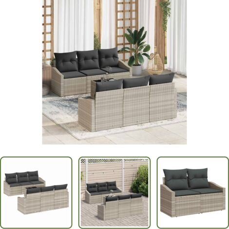 Terrassensofa - Sofa Set mit Kissen mit Kissen 7 pcs Hellgrau Poly-Rattan