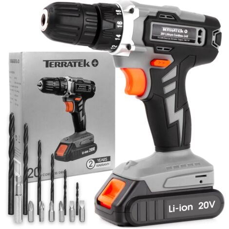 Terratek 18V Cordless Drill Driver Electric Screwdriver Bit Set, LED Light, Battery & Charger Included