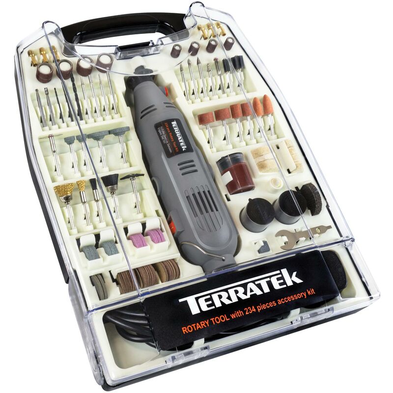 Terratek - 234pc Rotary Multi Tool Kit Variable Speed 135W, Dremel Compatible & Storage Case - Grey