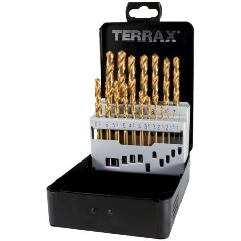 TERRAX JUEGO DE BROCAS HELICOIDALES DIN 338 TIPO N HSS-TIN RECTIFICADAS CONTENIDO 19 brocas