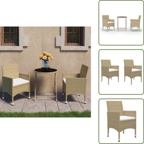 Terraza - vidaXL Set de bistró de jardín 3 pzas ratán PE vidrio templado beige - Patio