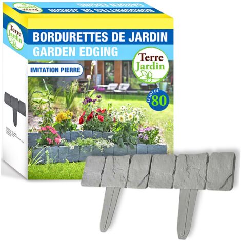 Terre Jardin – Lot de 80 bordures de jardin imitation pierre en plastique PP – Dimensions 25x10 cm – Assemblage facile par clips – Longueur totale 20 mètres