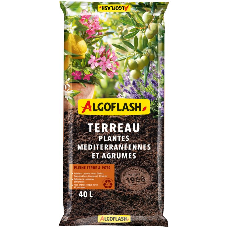 Terreau pour plantes méditerranéennes agrumes 40L – Mélange sable, pouzzolane, compost – Optimise drainage et rétention d'eau – Algoflash