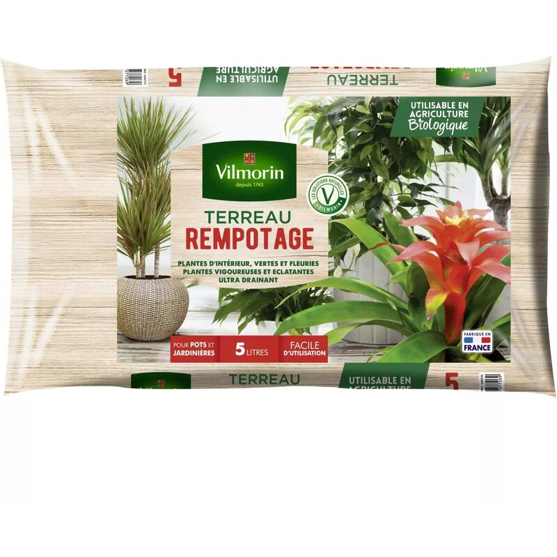 Vilmorin - Terreau rempotage plantes d'intérieur vertes et fleuries - Sac de 5 litres