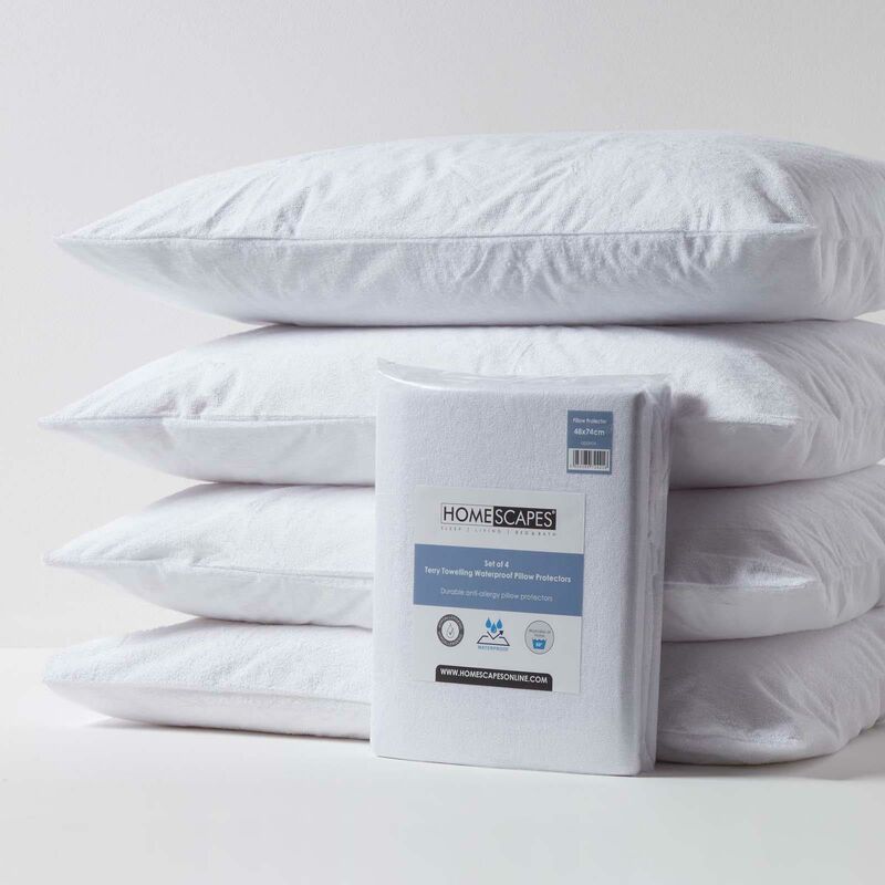 Terry Towelling Waterproof Pillow Protectors, Pack of 4 - White - Homescapes