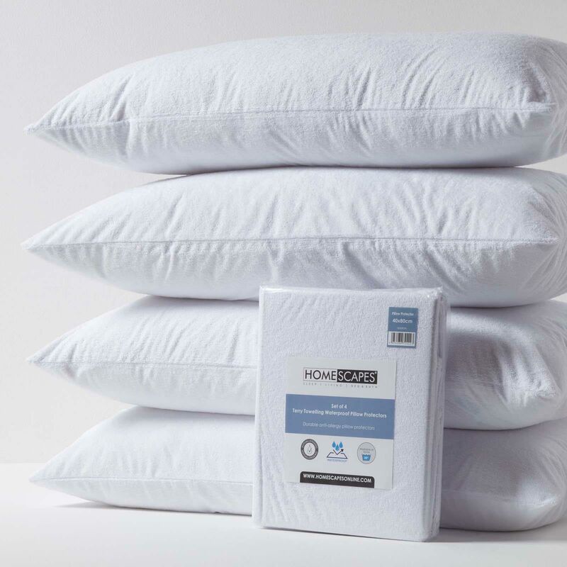 Terry Towelling Waterproof Pillow Protectors 40 x 80 cm, Pack of 4 - White - Homescapes