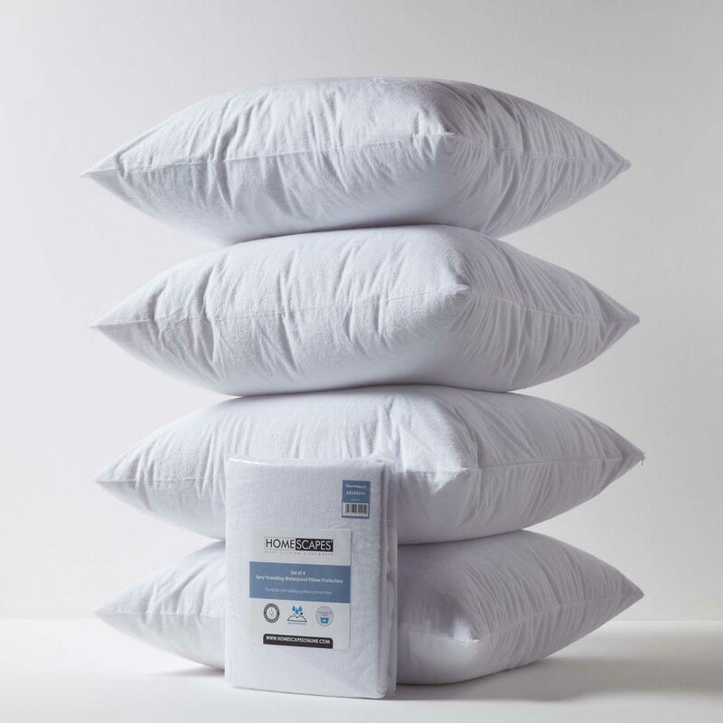 HOMESCAPES Terry Towelling Waterproof Pillow Protectors 65 x 65 cm, Pack of 4 - White