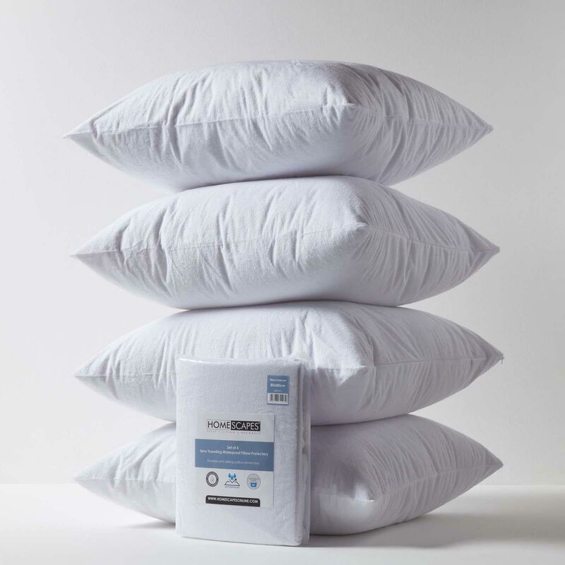 HOMESCAPES Terry Towelling Waterproof Pillow Protectors 80 x 80 cm, Pack of 4 - White