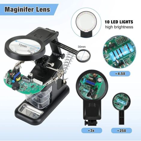 Terza mano, 3X/4.5X/25X Terza mano multifunzionale, con 10 lenti d'ingrandimento a LED su supporto, supporto per saldatore per hobby di saldatura