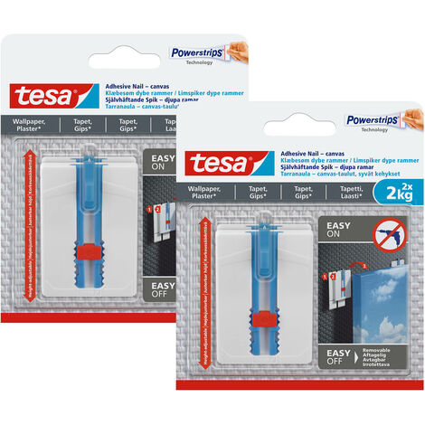 tesa® 2er Pack Powerstrips Klebenagel 2x2 Stück höhenverstellbar für Tapeten und Putz bis 2kg Tragkraft schnell und spurlos ablösbar selbstklebend - Weiß