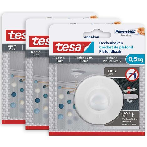 tesa® 3er Pack Deckenhaken weiß selbstklebend ohne Bohren bis 0,5 kg - Weiß