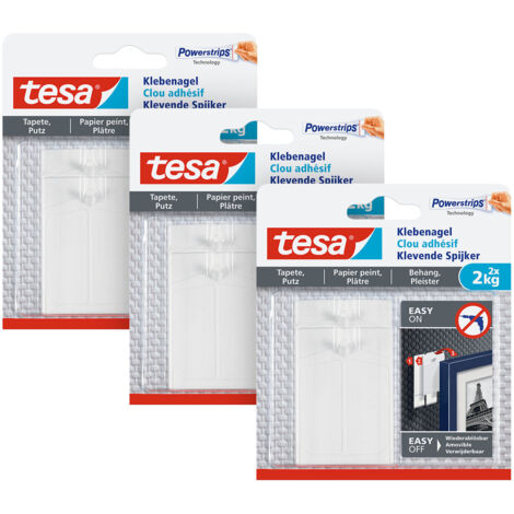 tesa 3x Klebenagel für Tapeten und Putz 2kg im 3er Pack - Selbstklebende Nägel für empfindliche Oberflächen - rückstandslos - bis zu 2kg Halteleistung pro Nagel - 3 x 2 Klebängel