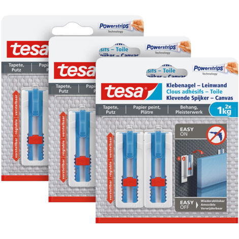 tesa® 3x Klebenagel Tapeten & Putz - höhenverstellbar - selbstklebender Nagel - ideal für Leinwand & Keilrahmen - hält bis 1kg/Nagel - spurlos ablösbar