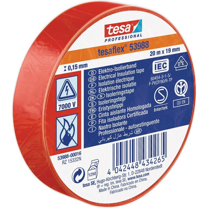 Image of Tesa - 53988-00016-00 Nastro isolante ® Professional Rosso (l x l) 20 m x 19 mm 1 pz.