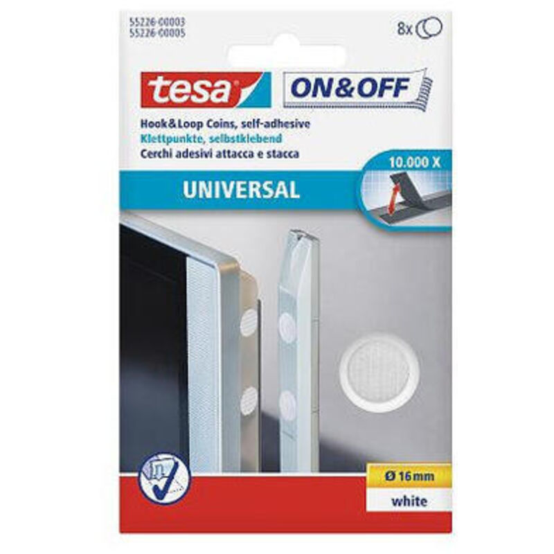 Tesa - cierre circular velcro 16mm.blanco On & Off Círculos de Uso Universal. Cinta adhesiva de cierre de son organizadores domésticos y de