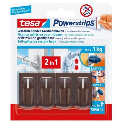 TESA 58047-00002-00 LOT DE 4 FIXATIONS POUR RIDEAUX POWERSTRIPS AVEC 6 PETITS AUTOCOLLANTS DOUBLE-FACE (MARRON)