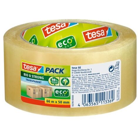 TESA 58296-00000-00 TESAPACK BIO & STRONG-CINTA ADHESIVA EXTRA FUERTE PARA EMBALAJE, TRANSPARENTE, 66M X 50MM