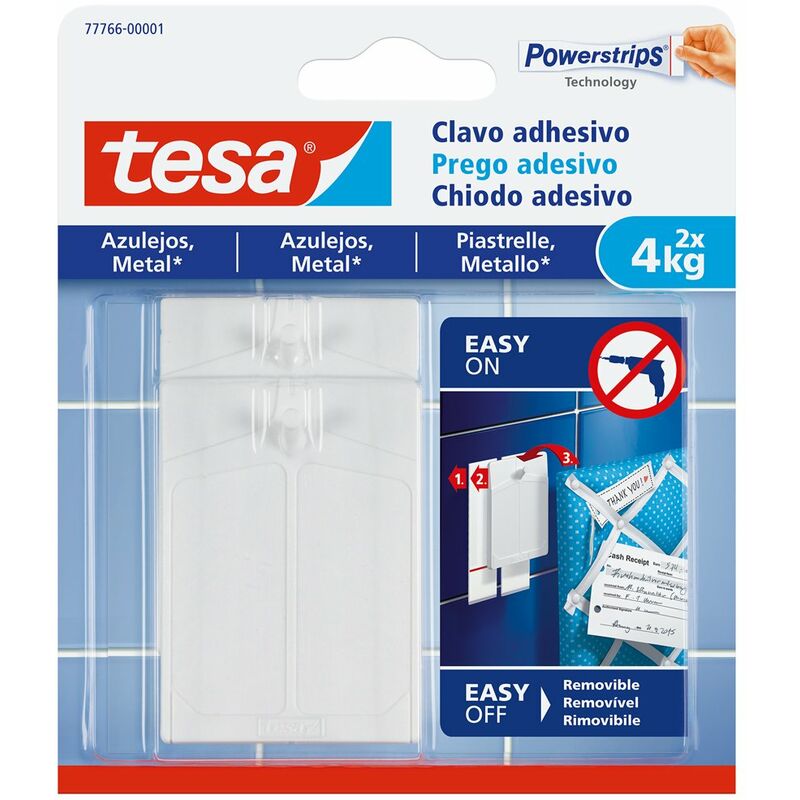 Image of Tesa - chiodi adesivi sms rimovibili per piastrelle 4,0 kg confezione blister 2 chiodi 6 strisce - 77766-00001-00