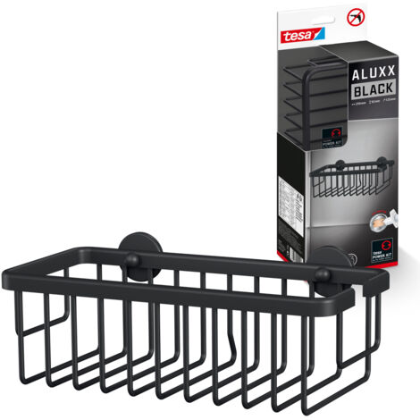 tesa® ALUXX BLACK Duschablage zur Wandmontage ohne Bohren, schwarz matt - einstöckig und extra tief - für Bäder im Industrial Style und moderne Badezimmer - mit Klebelösung - 92 mm x 250 mm x 125 mm