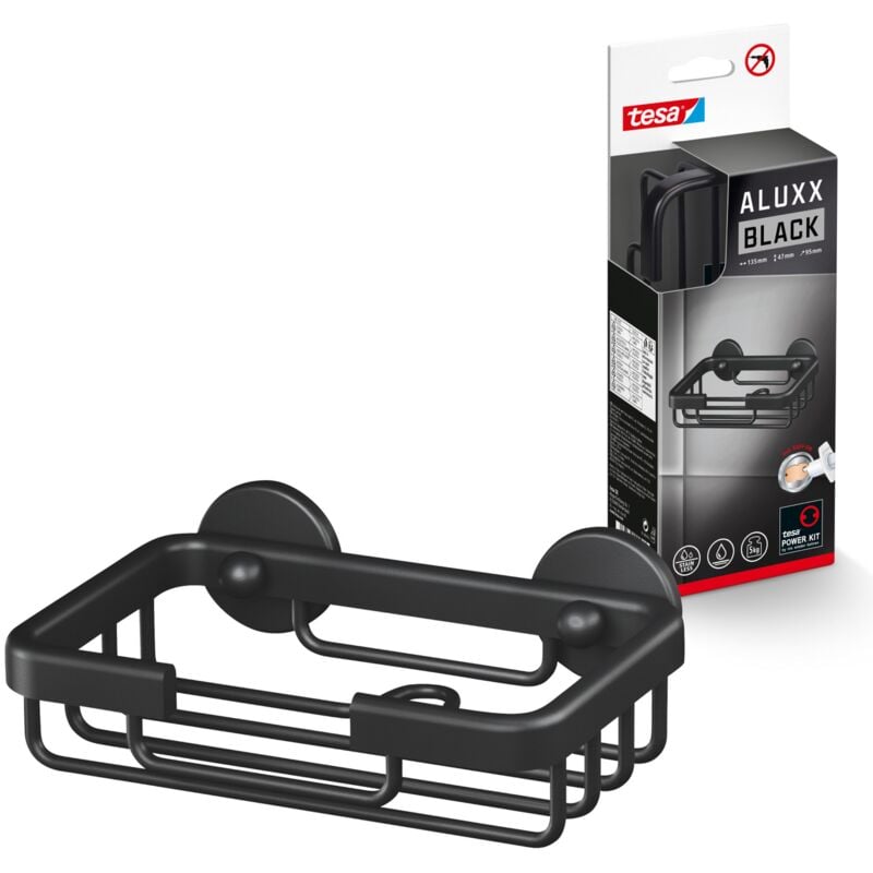 Aluxx black Porte-savon avec support mural - Convient aux salles de bains modernes - Solution adhésive, Sans perçage - Noir mat, 135 mm x 46 mm x 95