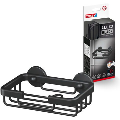 tesa® ALUXX BLACK Seifenablage zur Wandmontage ohne Bohren, schwarz matt - für Bäder im Industrial Style und moderne Badezimmer - mit Klebelösung - 135 mm x 46 mm x 95 mm