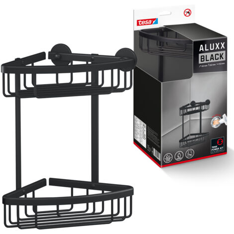 tesa® ALUXX BLACK zweistöckige Eck-Duschablage zur Wandmontage ohne Bohren, schwarz matt - für Bäder im Industrial Style und moderne Badezimmer - mit Klebelösung - 163 mm x 260 mm x 170 mm