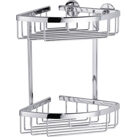 tesa ALUXX Duschablage für die Ecke, zweistöckig, Aluminium, verchromt, rostfrei, inkl. Klebelösung, 163 mm x 163 mm x 262 mm