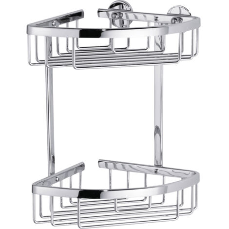 tesa ALUXX Duschablage für die Ecke, zweistöckig, Aluminium, verchromt, rostfrei, inkl. Klebelösung, 163 mm x 163 mm x 262 mm
