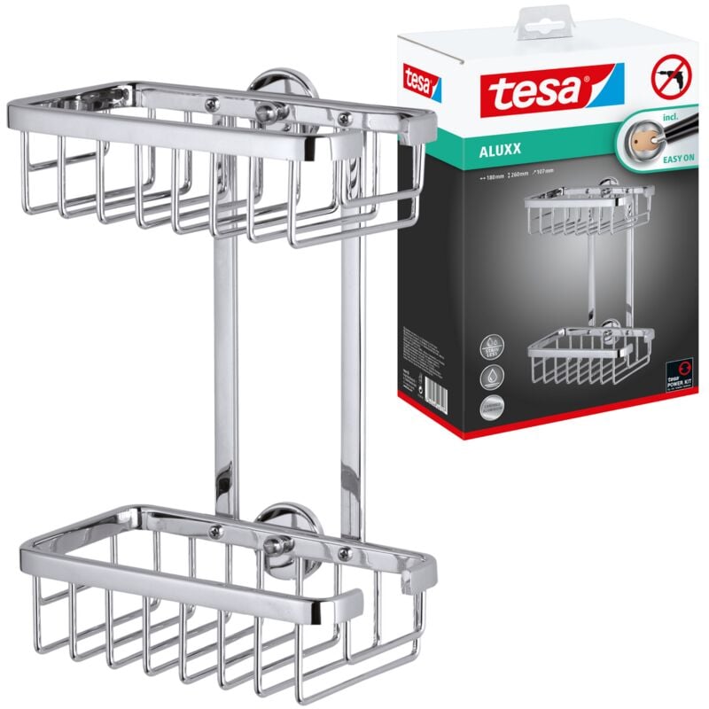 Aluxx Étagère 2 paniers, sans perҫage, adhésif, inoxydable, résistant à l'humidité, 26,0cm x 18,0cm x 10,7cm - Tesa