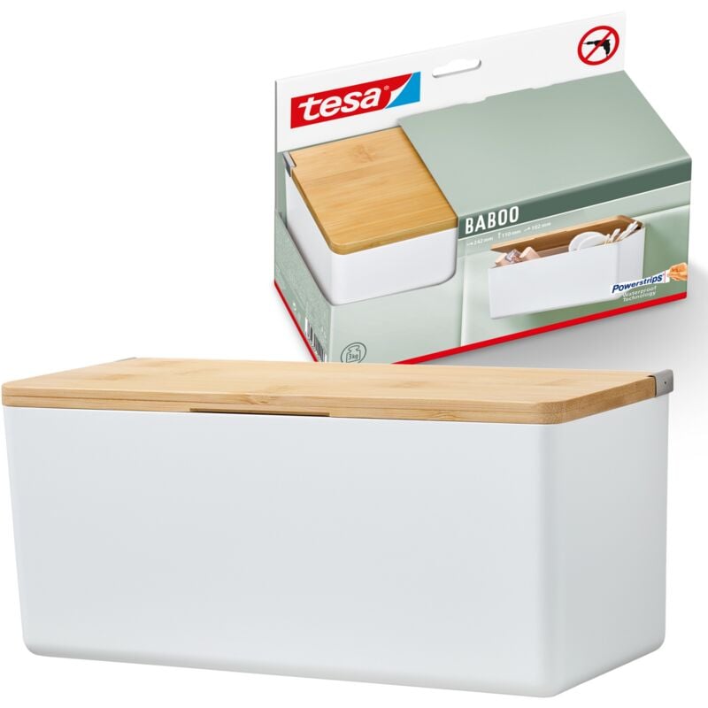Baboo (m) - Boîte pour salle de bains, Avec couvercle bambou - Fixation au mur, sans perçage - Blanc, 242 mm x 110 mm x 102 mm - Avec Powerstrips