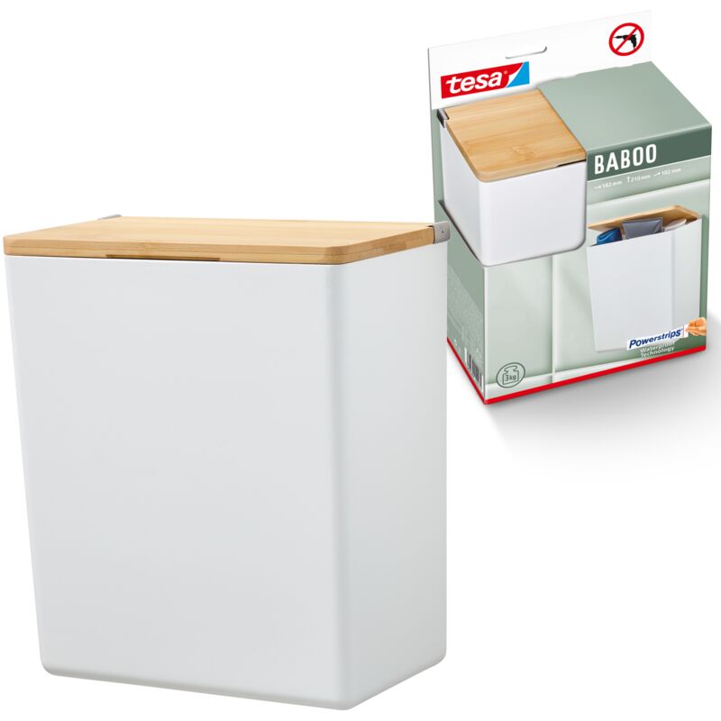 Baboo (l) - Boîte pour salle de bains, Avec couvercle bambou - Fixation au mur, sans perçage - Blanc, 182 mm x 210 mm x 102 mm - Avec Powerstrips