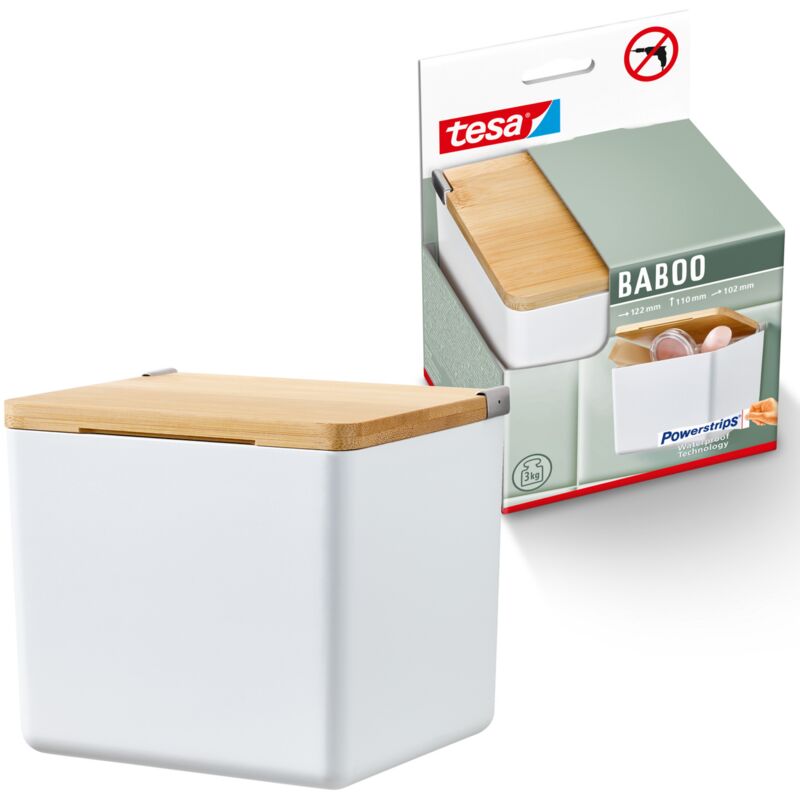 Tesa - Baboo (s) - Boîte pour salle de bains avec couvercle bambou - Fixation au mur, sans perçage - Blanc, 122 mm x 110 mm x 102 mm - Avec