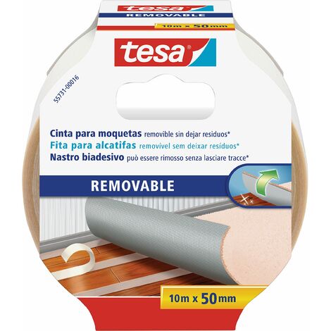 Tesa Biadesivo per Pavimenti Rimozione senza Residui - Nastro Biadesivo per Moquette, Pavimenti in Pvc - Nastro per Fissaggio Rinforzato in Tessuto, 10 m x 50 mm