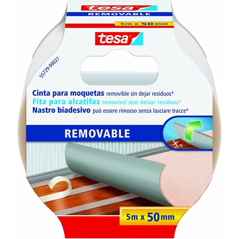 Image of tesa Rimozione Senza Residui Biadesivo per Moquette, Pavimenti in PVC-Nastro per Fissaggio Rinforzato in Tessuto, 5 m x 50mm