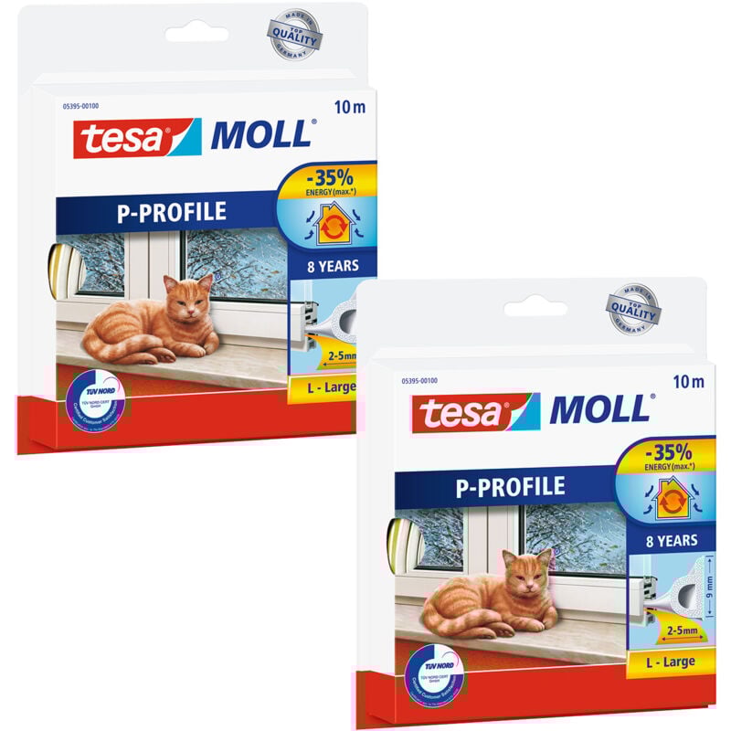 2 x joints en caoutchouc Tesa moll profilé p en paquet de 2 - joint autocollant pour isoler les interstices des fenêtres et des portes - blanc - 2x