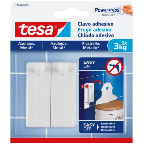 Tesa Chiodo Adesivo per Piastrelle e Metallo 3 kg - Gancio Adesivo Forte per Superfici Lisce in Bagno e in Cucina - Chiodo Biadesivo con Capacità di Peso fino a 3 kg