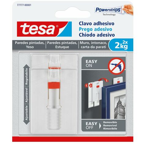 Tesa Chiodo Adesivo Regolabile per Carta da Parati Ed Intonaco 2 kg - Gancio Adesivo Regolabile in Altezza fino a 2 kg - Confezione da 2 Ganci + 6 Strisce Adesive