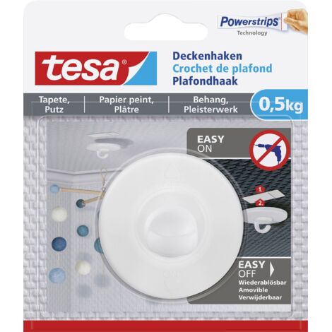 Tesa – Crochet à visser auto-adhésif pour plafond – Supporte jusqu'à 0,5 kg – Retrait sans traces – Pour surfaces délicates et texturées