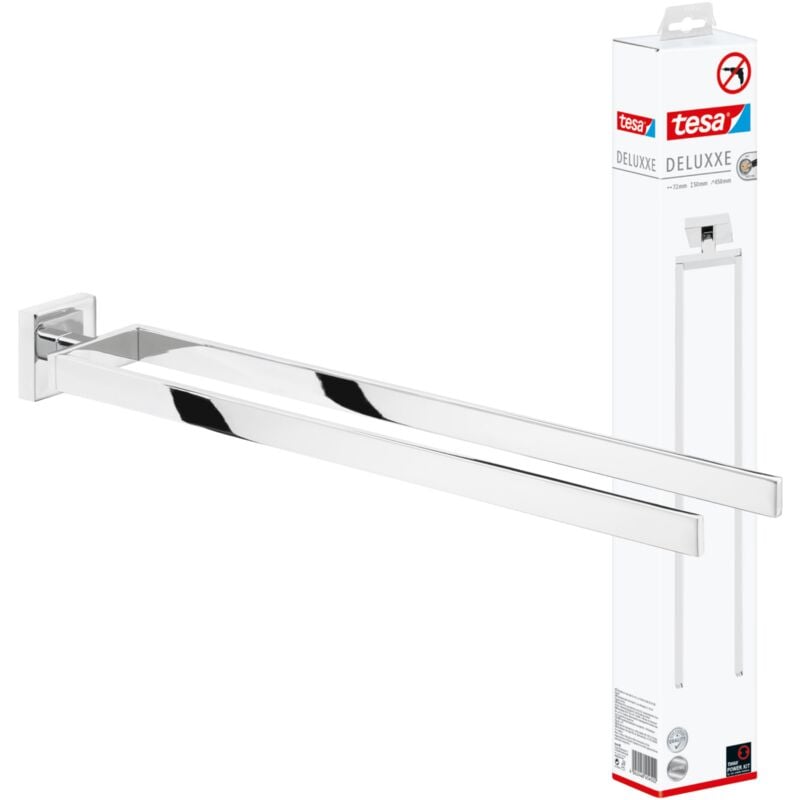 Tesa - Deluxxe Porte-serviettes 2 barres, sans perҫage, adhésif, inoxydable, 5,0cm x 7,2cm x 45,0cm